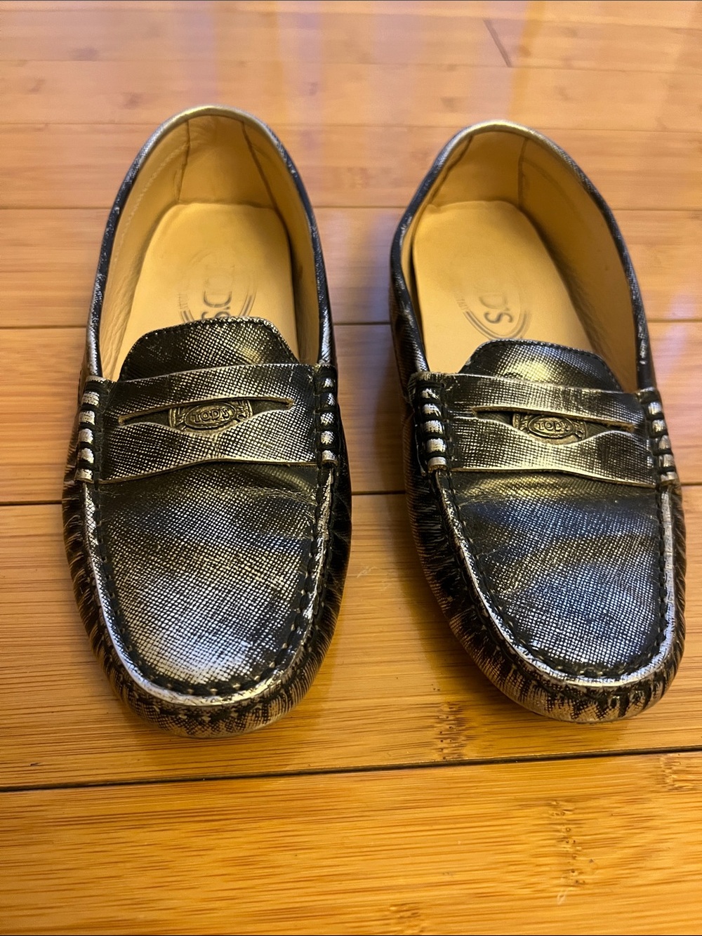 Tod's Metallic Black Textured Penny Loafers